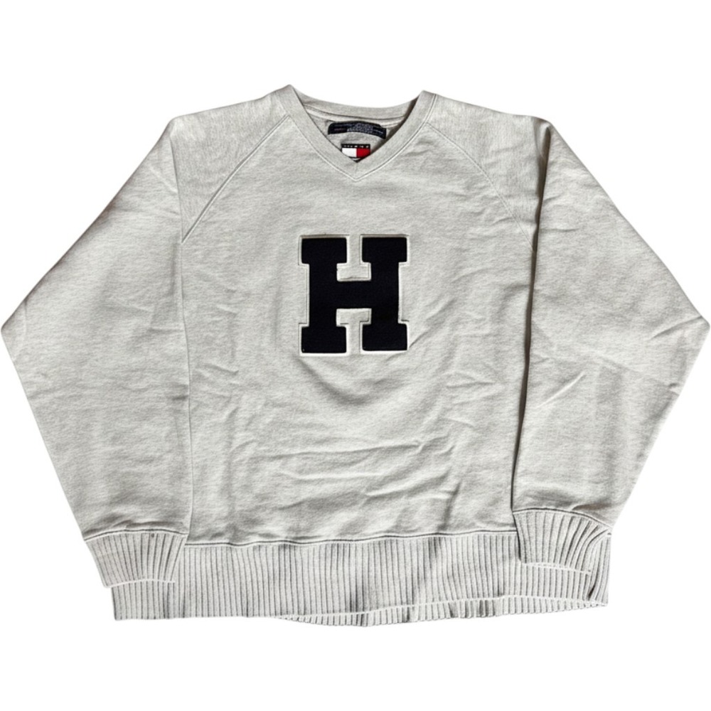 Tommy Hilfiger Vintage Gray Chenille H Patch V-Neck Sweatshirt XL Raglan Sleeve